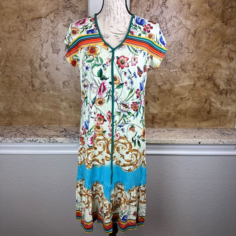 NWT Johnny Was Felix Trapeze Dress Midi XXS Viscose Bamboo Floral‎ Rainbow NEW